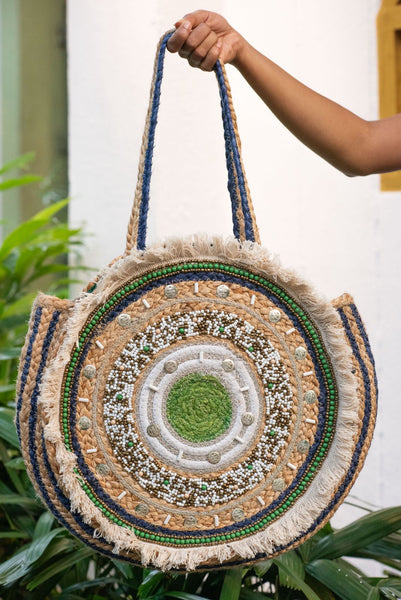 Green Evil Eye Jute Bag