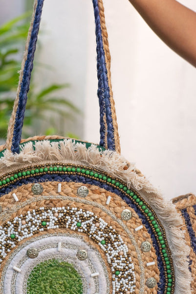 Green Evil Eye Jute Bag