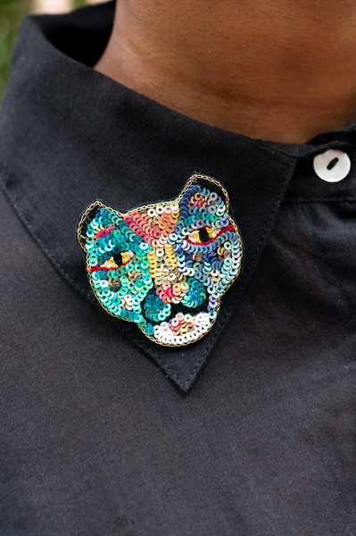 Hand Embroidered Panther Face Brooch
