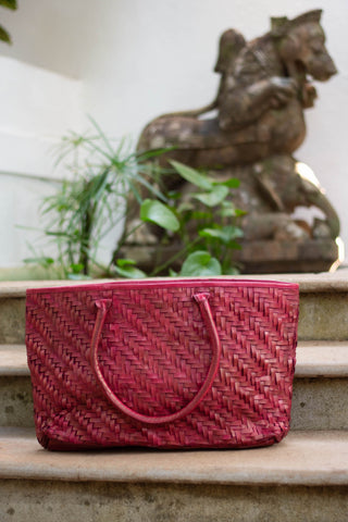 Woven Leather Bag - Raspberry